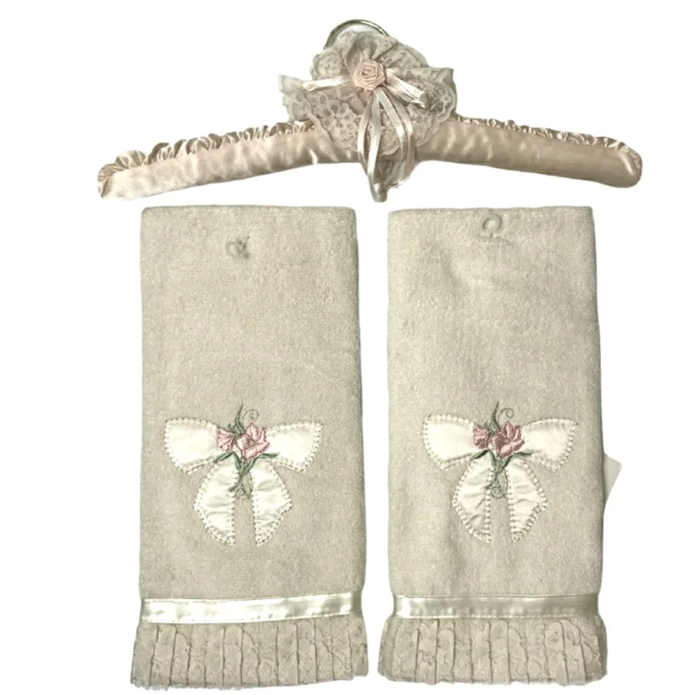 Romantic Lace Hand Towel Set Satin Silk Hanger Cottagecore Bath French Cottage